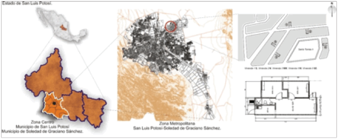 Ubicación
geográfica de la Zona Metropolitana de San Luis Potosí y viviendas del caso de
estudio.